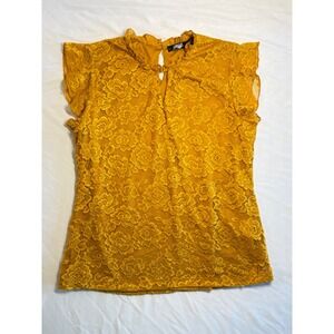 Cure Floral Lace Ruffle Neck Top Blouse Women's Size Large Gold Yellow